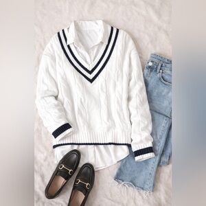 ✨ Varsity V-Neck Sweater –  White & Black Preppy Trend 🔥✨